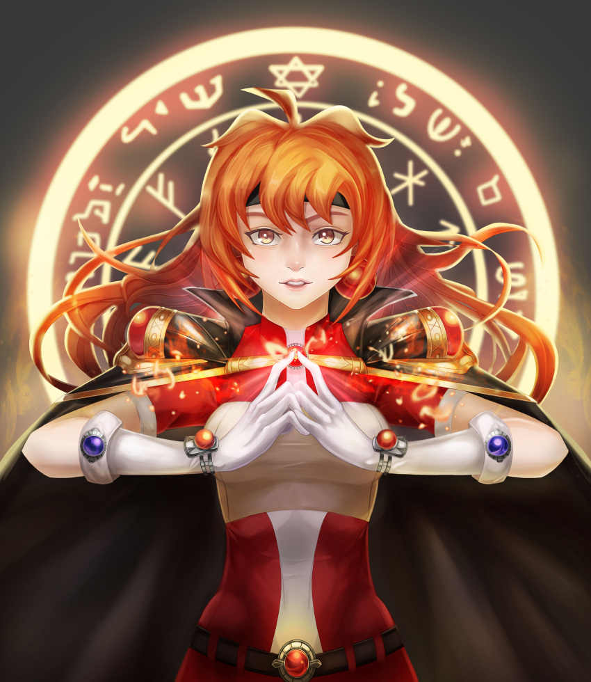 1girl absurdres brown_eyes cape collared_cape cowboy_shot elbow_gloves gloves highres lina_inverse long_hair magic_circle magical_girl nayamer orange_hair parted_lips slayers solo steepled_fingers white_gloves