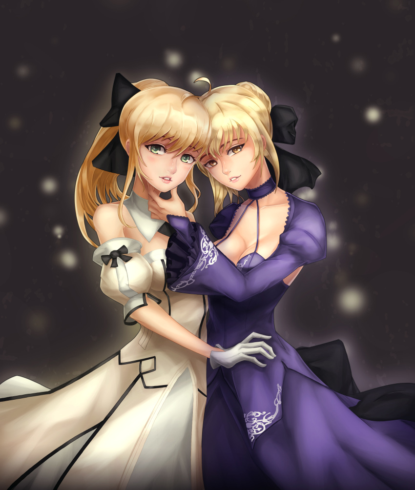 2girls absurdres ahoge artoria_pendragon_(all) bare_shoulders black_ribbon blonde_hair braid cowboy_shot detached_collar detached_sleeves fate/grand_order fate/stay_night fate/unlimited_codes fate_(series) french_braid gloves green_eyes hair_ribbon hand_on_another's_chin highres juliet_sleeves long_sleeves looking_at_viewer multicolored_hair multiple_girls nayamer ponytail puffy_sleeves ribbon saber_alter saber_lily white_gloves wide_sleeves yellow_eyes