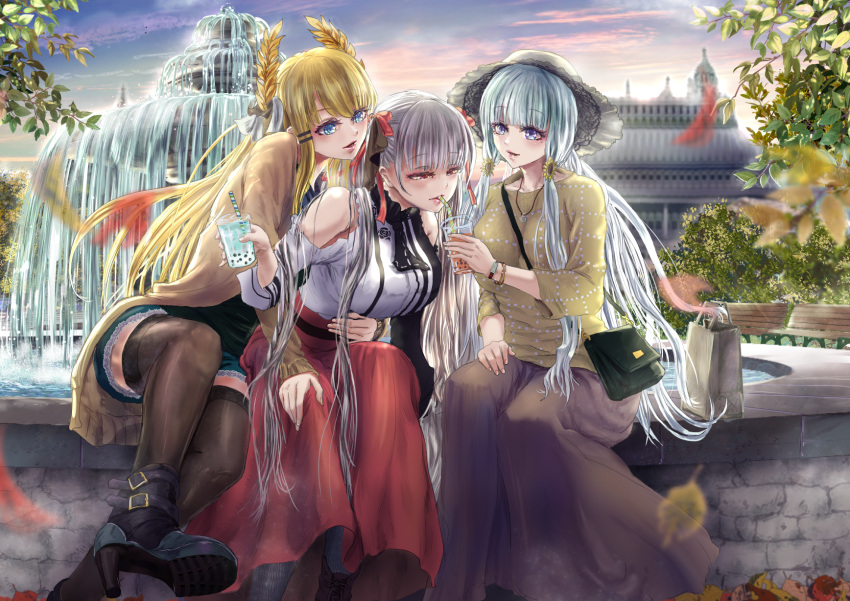 3girls azur_lane bag black_legwear blue_eyes boots breasts bubble_tea coat_dress cup disposable_cup dress drink drinking drinking_straw drinking_straw_in_mouth flower_ornament formidable_(azur_lane) fountain highres holding holding_cup huge_breasts illustrious_(azur_lane) lace_trim large_breasts laurel_crown lips low_ponytail mole mole_under_eye multiple_girls numataromomon strapless strapless_dress tea tri_tails victorious_(azur_lane) white_dress