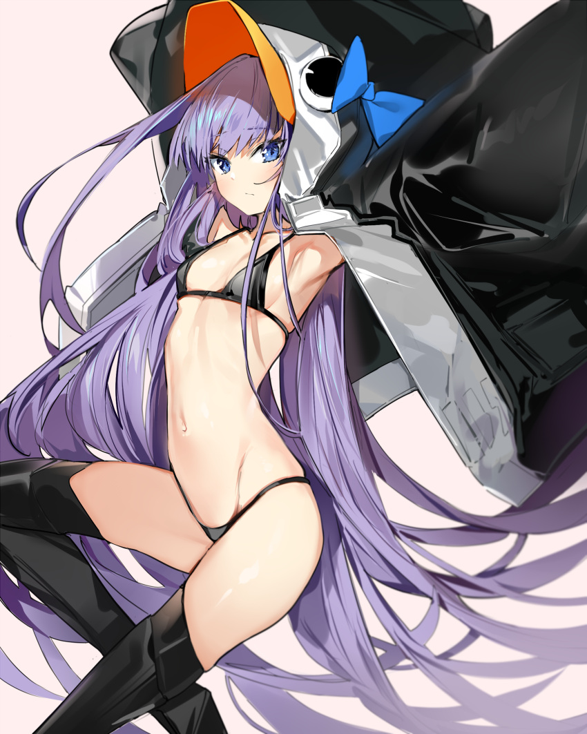 1girl absurdres animal_hood armpits arms_up bangs bikini black_bikini black_footwear black_jacket black_legwear blue_bow blue_eyes blush boots bow breasts closed_mouth collarbone eyebrows_visible_through_hair fate/grand_order fate_(series) groin highres hood hood_up hooded_jacket jacket long_hair long_sleeves looking_at_viewer meltryllis meltryllis_(swimsuit_lancer)_(fate) navel open_clothes open_jacket penguin_hood purple_hair revision silver_(chenwen) small_breasts solo swimsuit thigh-highs thigh_boots very_long_hair
