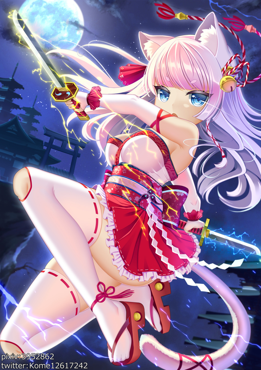 1girl animal_ears bangs bare_shoulders bell blue_eyes blunt_bangs breasts building cat_ears commentary_request dual_wielding elbow_gloves electricity fingerless_gloves full_moon gloves hair_bell hair_ornament highres holding holding_weapon japanese_clothes long_hair looking_at_viewer medium_breasts miko ming_(3952862) moon night ninja nontraditional_miko open_mouth original pantyhose pink_hair platform_footwear ribbon-trimmed_legwear ribbon_trim short_sword solo strapless sword thigh-highs torii weapon white_legwear
