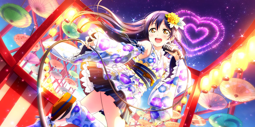 blue_hair blush brown_eyes dress hanabi long_hair love_live!_school_idol_festival_all_stars night smile sonoda_umi yukata