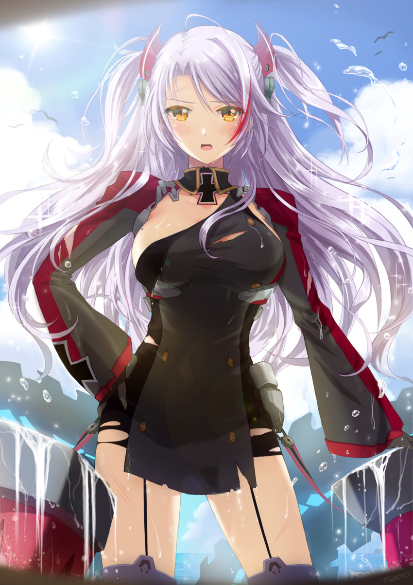 1girl ahoge azur_lane bangs blue_sky blush breasts brown_eyes clouds day eyebrows_visible_through_hair framo garter_straps hair_between_eyes hand_on_hip headgear highres iron_cross large_breasts leotard long_hair looking_at_viewer mole mole_on_breast multicolored_hair open_mouth outdoors pelvic_curtain prinz_eugen_(azur_lane) redhead rigging silver_hair sky solo streaked_hair thigh-highs torn_clothes two_side_up very_long_hair wet