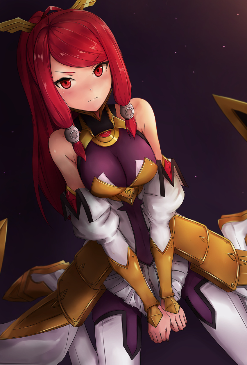 1girl armor armored_dress bare_shoulders between_legs blazblue blush breasts detached_sleeves embarrassed faulds hair_ornament hair_tubes hand_between_legs highres izayoi_(blazblue) large_breasts long_hair looking_at_viewer pantyhose ponytail red_eyes redhead simple_background sitting skirt solo thigh-highs tsubaki_yayoi yoyuki