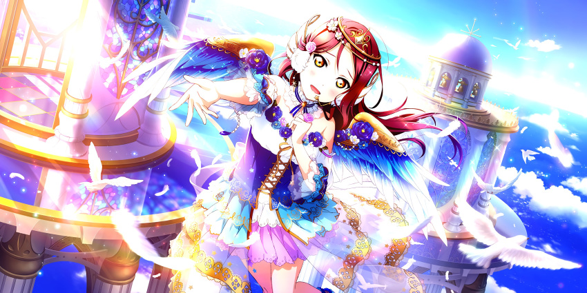 angel blush brown_eyes dress long_hair love_live!_school_idol_festival_all_stars purple_hair sakurauchi_riko smile wings