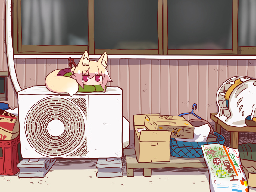 1girl air_conditioner animal_ear_fluff animal_ears bangs blush box cardboard_box clothes_hanger commentary_request day eyebrows_visible_through_hair fox_ears fox_girl fox_tail green_shirt hair_between_eyes hair_bun hair_ornament highres kemomimi-chan_(naga_u) long_sleeves looking_at_viewer lying naga_u on_stomach original outdoors pleated_skirt purple_skirt red_eyes shirt skirt sleeves_past_fingers sleeves_past_wrists solo tail window