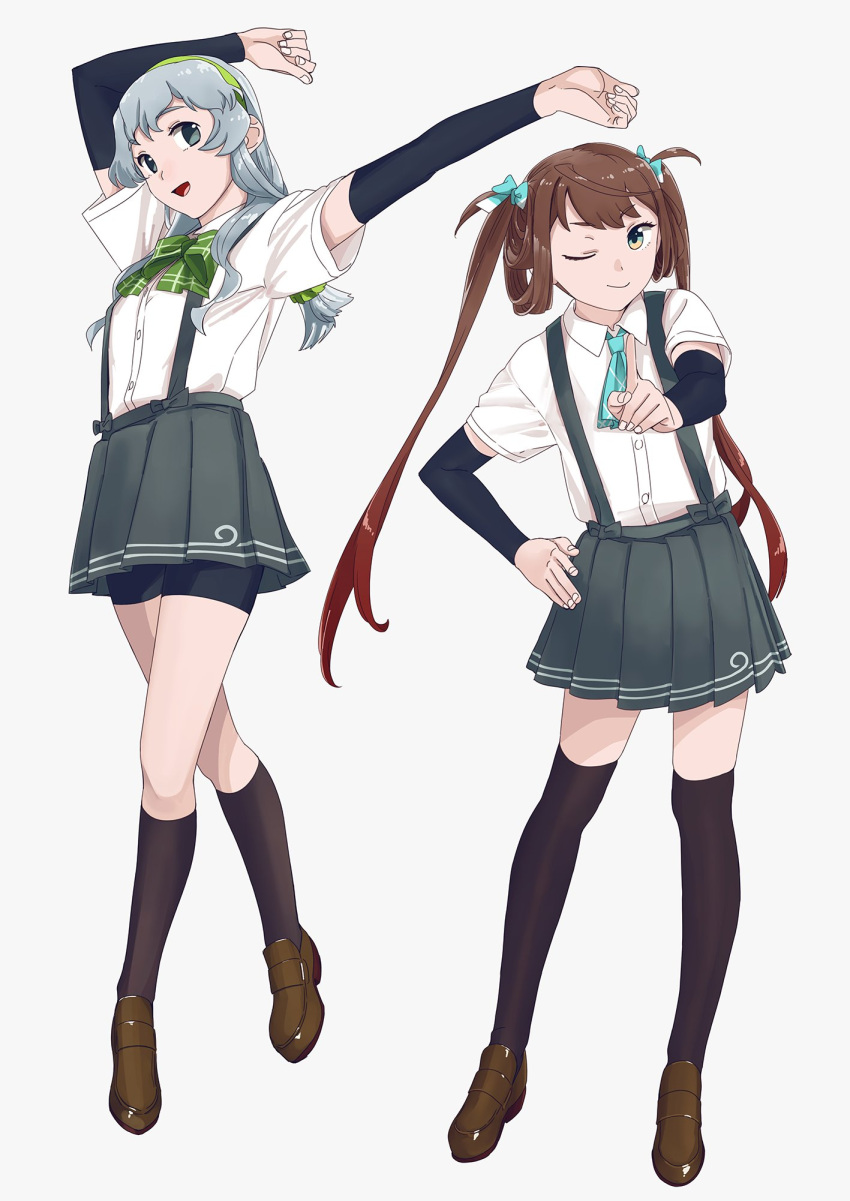 2girls aqua_neckwear aqua_ribbon arm_warmers asagumo_(kantai_collection) bangs bike_shorts black_legwear bow bowtie braid breasts brown_footwear brown_hair eyebrows_visible_through_hair fingernails full_body green_hairband green_neckwear grey_background grey_skirt hair_ornament hair_ribbon hair_scrunchie hairband highres index_finger_raised kantai_collection kneehighs long_hair multiple_girls ojipon one_eye_closed open_mouth pleated_skirt ribbon school_uniform scrunchie shirt short_sleeves shorts shorts_under_skirt silver_hair simple_background single_braid skirt smile suspender_skirt suspenders thigh-highs twintails white_shirt yamagumo_(kantai_collection)