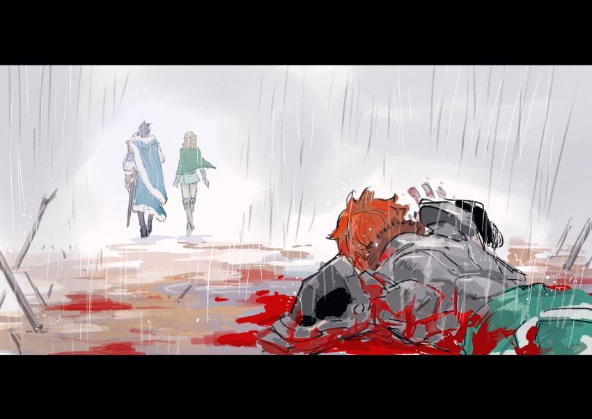 1girl armor battlefield bleeding blonde_hair blood bloody_clothes bloody_hair blue_hair cape death felix_hugo_fraldarius fire_emblem fire_emblem:_three_houses from_behind fur_trim gloves highres ingrid_brandl_galatea injury lying multiple_boys ogata_tomio on_stomach orange_hair outdoors pool_of_blood rain redhead sheath sheathed short_hair sword sylvain_jose_gautier walking weapon