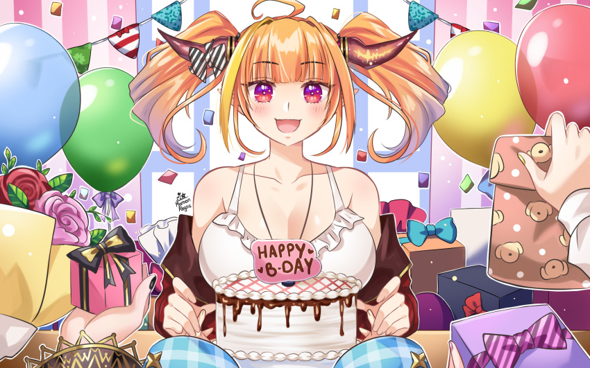 1girl birthday birthday_cake blush bow breasts cake camisole confetti dated diagonal-striped_bow dragon_girl dragon_horns english_text food frilled_camisole gift happy_birthday heart highres hololive horn_bow horns kiryu_coco large_breasts long_hair looking_at_viewer maroonabyss multicolored_bow multicolored_hair open_mouth orange_hair smile solo_focus streaked_hair twintails violet_eyes virtual_youtuber white_camisole