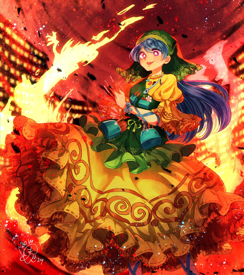 1girl absurdres apron arm_ribbon between_fingers blue_hair commentary_request dated dress embers fire flower green_apron haniyasushin_keiki head_scarf highres leg_ribbon long_hair magatama_necklace open_mouth partial_commentary petticoat pink_eyes pocket ribbon signature single_strap solo tools touhou upper_teeth yellow_dress yukkyon_kyon