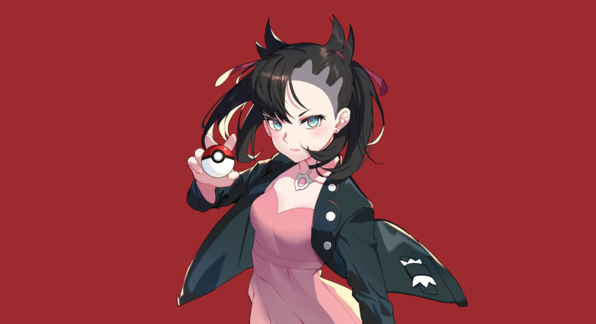 1girl absurdres aqua_eyes asymmetrical_bangs asymmetrical_hair bangs black_hair black_jacket breasts choker collarbone commentary_request dress earrings hair_ribbon highres jacket jewelry long_sleeves looking_at_viewer mary_(pokemon) open_clothes pink_dress pokemon pokemon_(game) pokemon_swsh red_background red_ribbon ribbon simple_background solo tsubasa19900920 twintails