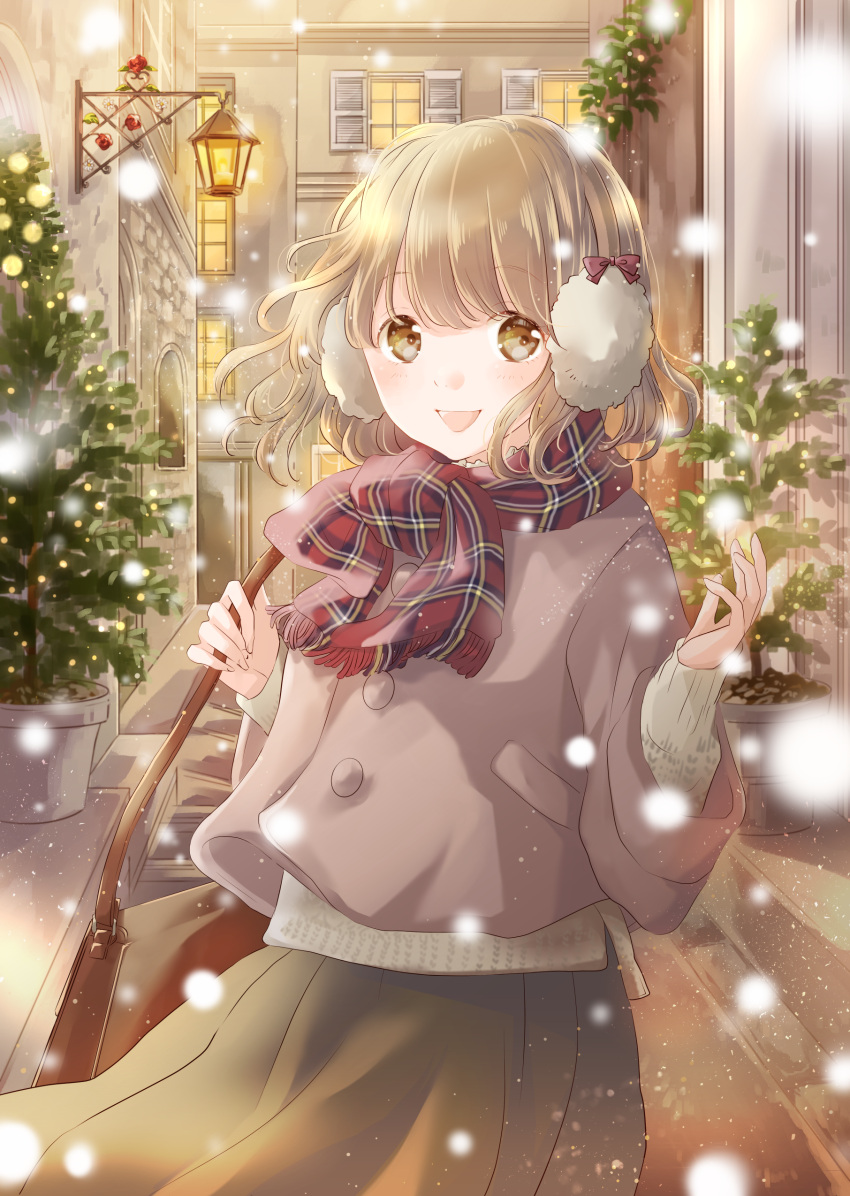 1girl absurdres architecture arm_up bag bangs blurry_foreground brown_eyes brown_hair brown_skirt christmas_lights coat commentary cowboy_shot earmuffs eyebrows_visible_through_hair hair_blowing handbag highres hoshiibara_mato ironwork long_sleeves looking_at_viewer open_mouth original outdoors pink_coat plaid plaid_scarf scarf shiny shiny_hair short_hair shutter skirt smile snow snowing solo standing sweater town tree wall_lamp white_sweater wind wind_lift window winter
