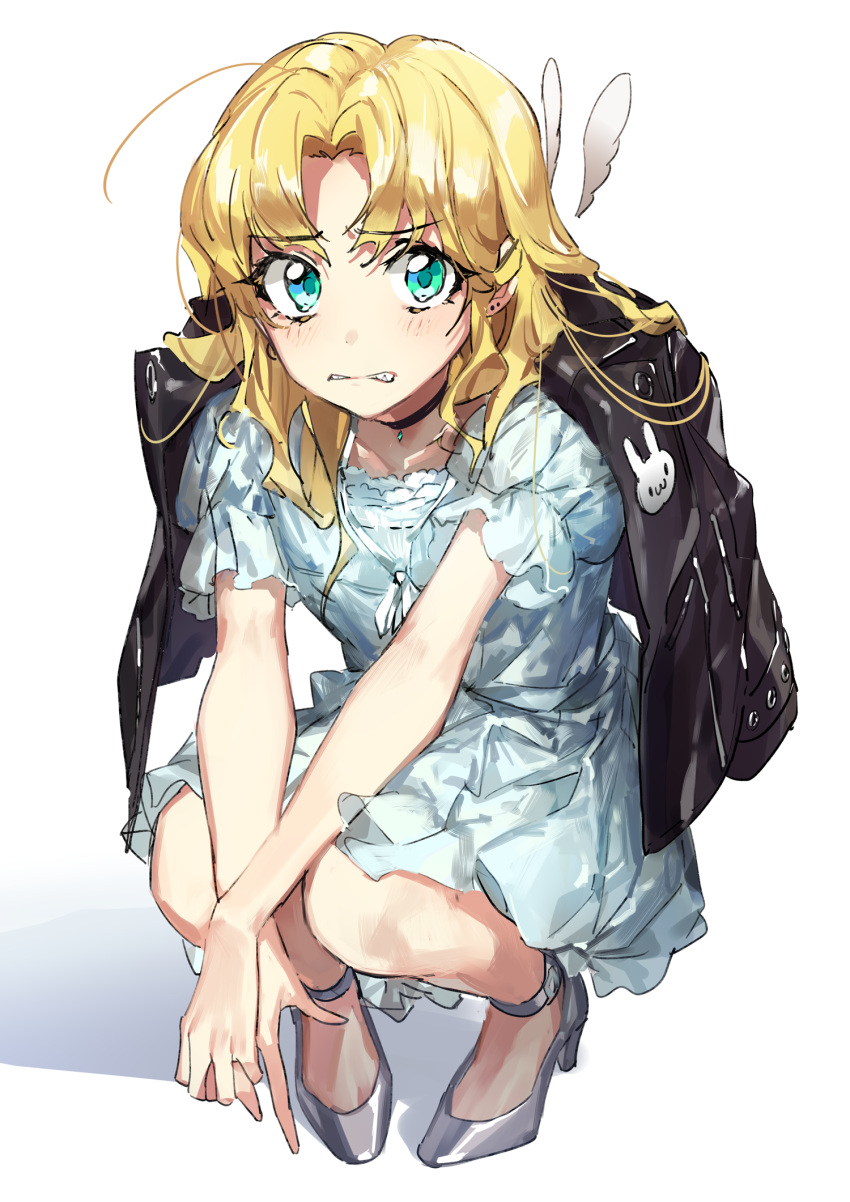 1girl blonde_hair blush closed_mouth collar dress earrings flat_chest green_eyes grey_dress highres jacket jewelry long_hair open_eyes original rabbit shoes solo v_arms wattaro white_dress wings