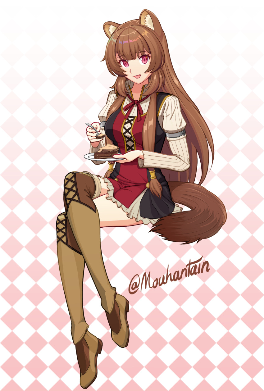 1girl absurdres animal_ear_fluff animal_ears bangs boots brown_hair eyebrows_visible_through_hair food fork highres holding holding_plate long_hair mouhantain pie plate raccoon_ears raccoon_girl raccoon_tail raphtalia red_eyes ribbed_shirt shirt solo tail tate_no_yuusha_no_nariagari thigh-highs thigh_boots