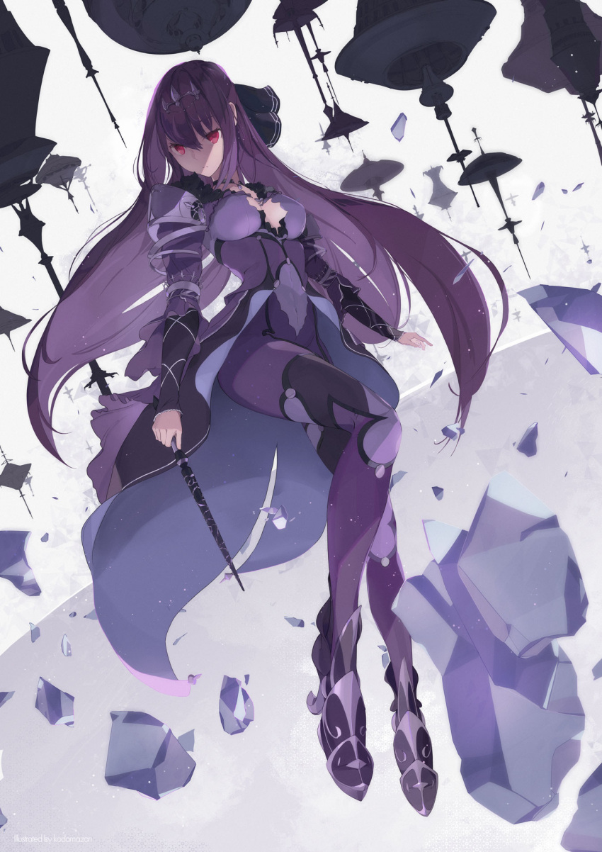 1girl armored_boots bangs bodysuit boots castle choker cleavage_cutout covered_navel fate/grand_order fate_(series) fur_trim hair_between_eyes headpiece highres holding holding_wand kodamazon looking_at_viewer purple_hair red_eyes scathach_(fate)_(all) scathach_skadi_(fate/grand_order) solo spire tiara upside-down wand