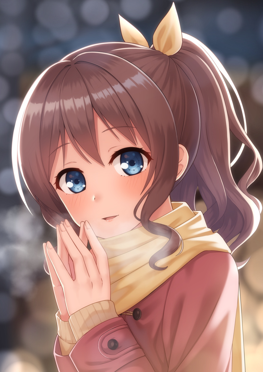 1girl absurdres bang_dream! bangs blue_eyes blurry blurry_background blush bokeh breath brown_hair buttons coat commentary curly_hair depth_of_field eyebrows_visible_through_hair hair_ribbon hands_together hands_up highres kurisu-kun long_sleeves looking_at_viewer parted_lips ponytail red_coat ribbon scarf sidelocks solo upper_body winter winter_clothes winter_coat yamabuki_saaya yellow_neckwear yellow_ribbon