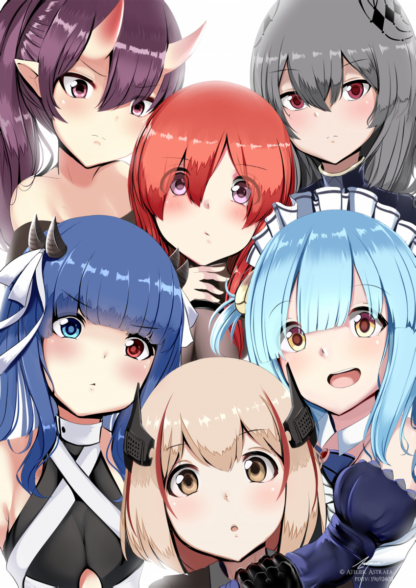 6+girls artist_name astraea_(atelierastraea) azur_lane bangs bare_shoulders blonde_hair blue_hair blunt_bangs blush breasts brown_eyes child choker closed_mouth collared_jacket detached_sleeves diamond_(shape) english_commentary expressionless eyebrows_visible_through_hair eyes_visible_through_hair frown grey_hair hair_between_eyes hair_ribbon head_tilt heterochromia highres horns ibuki_(azur_lane) izumo_(azur_lane) lace lace_choker lips long_hair maid maid_headdress mechanical_hands mole mole_under_eye monarch_(azur_lane) multicolored_hair multiple_girls multiple_horns neptune_(azur_lane) off_shoulder oni oni_horns open_mouth pixiv_id pointy_ears ponytail purple_hair red_eyes redhead ribbon roon_(azur_lane) saint-louis_(azur_lane) seashell_hair_ornament short_hair sideless_outfit skin-covered_horns small_breasts streaked_hair two_side_up underboob_cutout upper_body violet_eyes white_ribbon younger