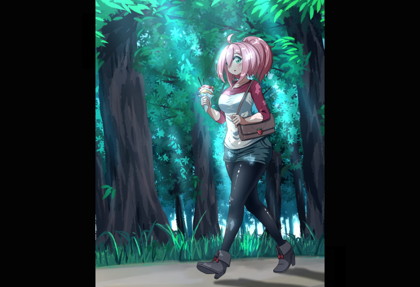 1girl :o absurdres ahoge bag blush breasts english_commentary food forest full_body grass green_eyes hair_over_one_eye high_heels highres ice_cream kaynimatic looking_at_viewer medium_hair nature original pantyhose pink_hair ponytail shirt shoes short_shorts shorts shoulder_bag solo tree walking