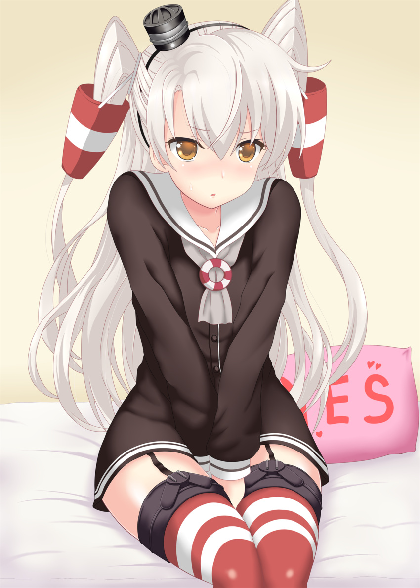 1girl amatsukaze_(kantai_collection) between_legs blush brown_dress brown_eyes dress garter_straps gloves hair_tubes hand_between_legs hat highres kantai_collection lifebuoy long_hair long_sleeves mini_hat nendoroya pillow red_legwear sailor_dress short_dress silver_hair single_glove sitting solo striped striped_legwear thigh-highs two_side_up windsock yes yes-no_pillow