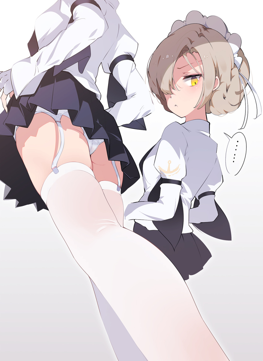 1girl ass ass_visible_through_thighs azur_lane black_skirt blonde_hair braid french_braid garter_belt grey_background hair_over_one_eye head_out_of_frame highres katuo1129 maid maid_headdress multiple_views panties sheffield_(azur_lane) skindentation skirt thigh-highs thighs underwear upskirt white_garter_belt white_legwear white_panties yellow_eyes