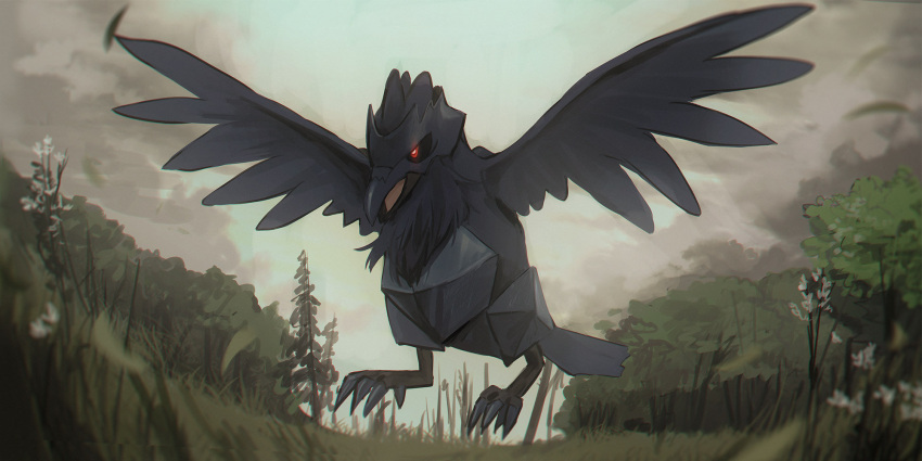 bird bird_focus black_sclera blue_sky chihuri clouds cloudy_sky commentary corviknight crow day flower full_body gen_8_pokemon glowing glowing_eyes highres no_humans open_mouth outdoors pokemon pokemon_(creature) red_eyes sky solo tree white_flower