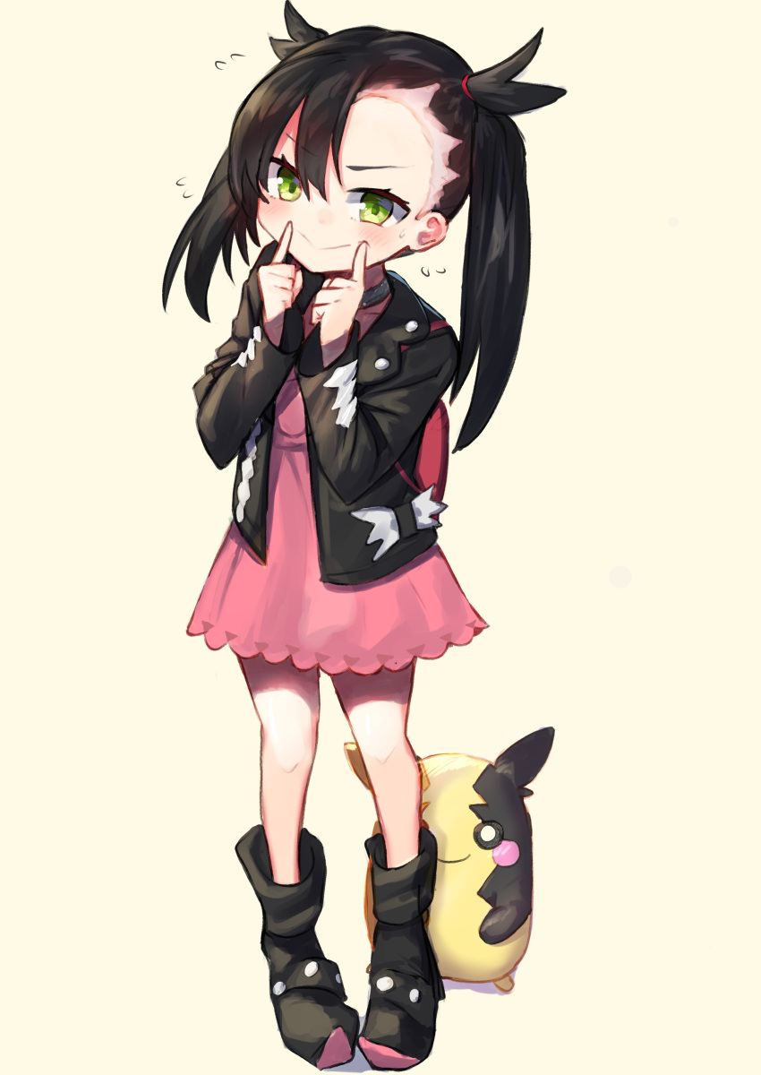 :&gt; absurdres asymmetrical_bangs backpack bag bangs black_choker black_footwear black_hair black_jacket blush boots child choker closed_mouth daifukumochi_(akaaokiiwo) dress fingers_to_mouth flying_sweatdrops full_body gen_8_pokemon green_eyes highres jacket knee_boots long_hair long_sleeves mary_(pokemon) morpeko open_clothes open_jacket pink_dress pokemon pokemon_(creature) pokemon_(game) pokemon_swsh simple_background smile standing twintails v-shaped_eyebrows yellow_background