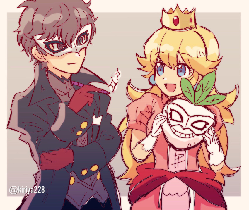 1boy 1girl adult amamiya_ren atlus black_hair blonde_hair blue_eyes food glasses highres kiriya_(552260) long_hair super_mario_bros. megami_tensei nintendo nintendo_ead persona persona_5 princess_peach school_uniform sega shin_megami_tensei short_hair shuujin_academy_uniform sora_(company) super_smash_bros. takamaki_anne uniform young_adult