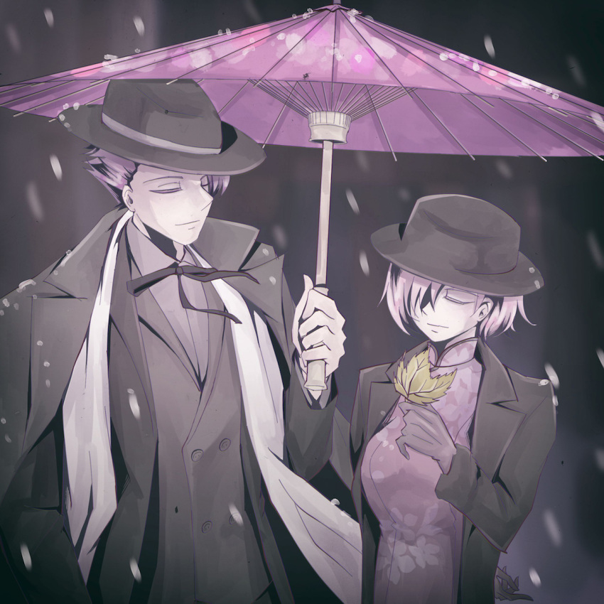 1boy 1girl arm_behind_back cape closed_eyes cowboy_shot fate/grand_order fate_(series) floral_print formal gloves hair_over_one_eye hat highres lancelot_(fate/grand_order) mash_kyrielight oriental_umbrella purple_hair short_hair snowing suit tsushima_touko umbrella