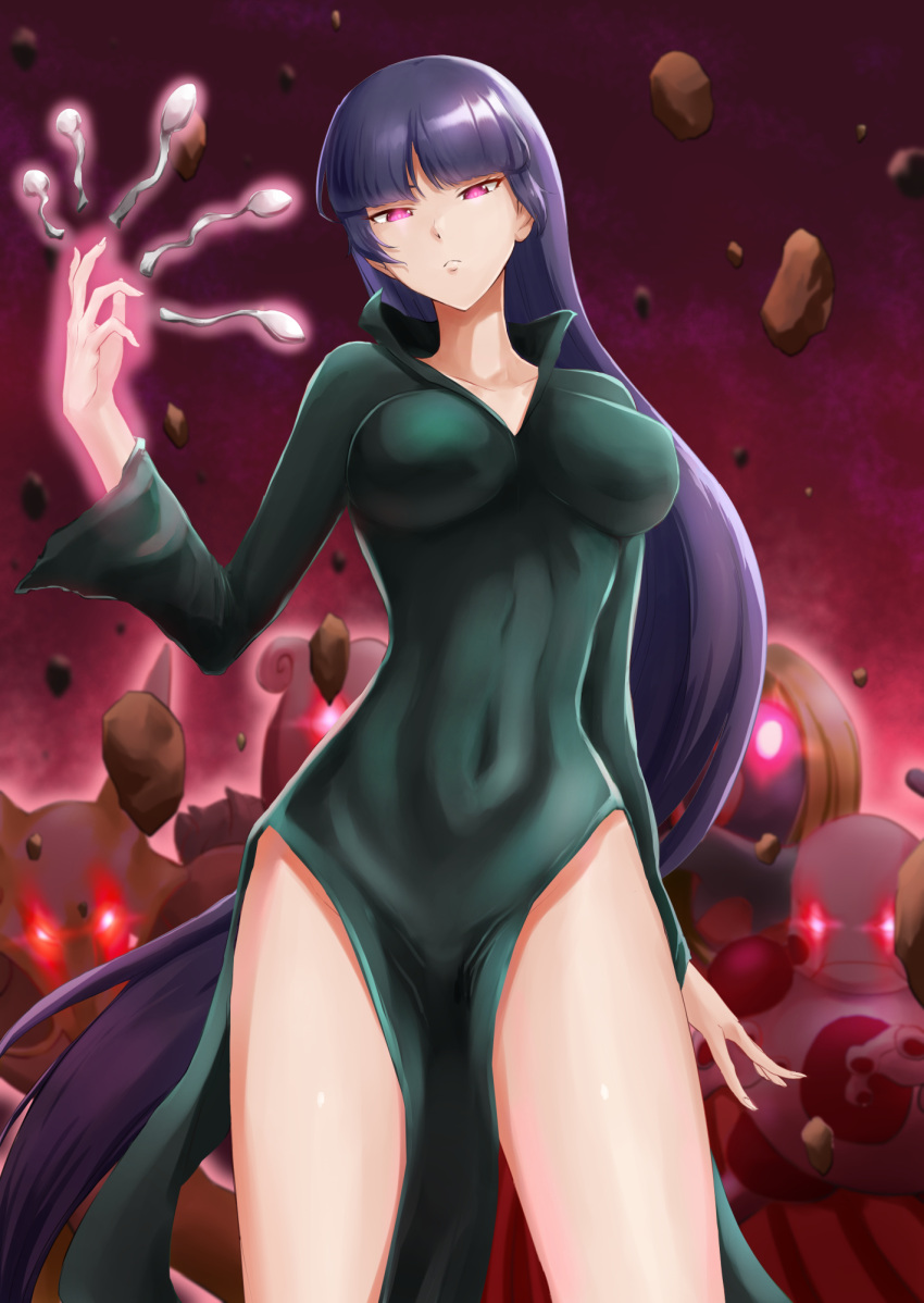 1girl :&lt; alakazam aura bent_spoon black_dress breasts breasts_apart collarbone commentary_request cosplay covered_navel dress floating_rock glowing glowing_eyes head_tilt highres impossible_clothes jojobirdz jynx large_breasts long_dress long_hair looking_at_viewer mr._mime natsume_(pokemon) one-punch_man pokemon purple_hair side_slit solo spoon tatsumaki tatsumaki_(cosplay) taut_clothes taut_dress very_long_hair violet_eyes