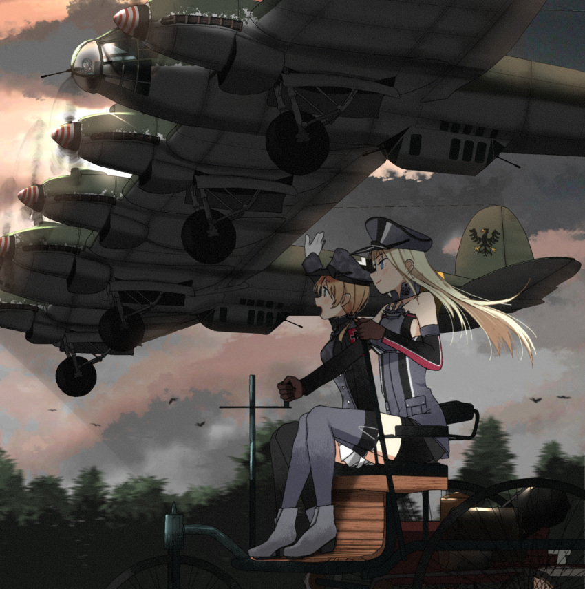 2girls aircraft aircraft_request anchor annin_musou bangs bismarck_(kantai_collection) blonde_hair blue_eyes blush breasts brown_gloves clouds elbow_gloves gloves hat highres iron_cross kantai_collection long_hair long_sleeves military military_uniform multiple_girls open_mouth outdoors peaked_cap pleated_skirt prinz_eugen_(kantai_collection) sitting skirt sleeveless smile thigh-highs tree twintails uniform vehicle_request white_gloves white_skirt