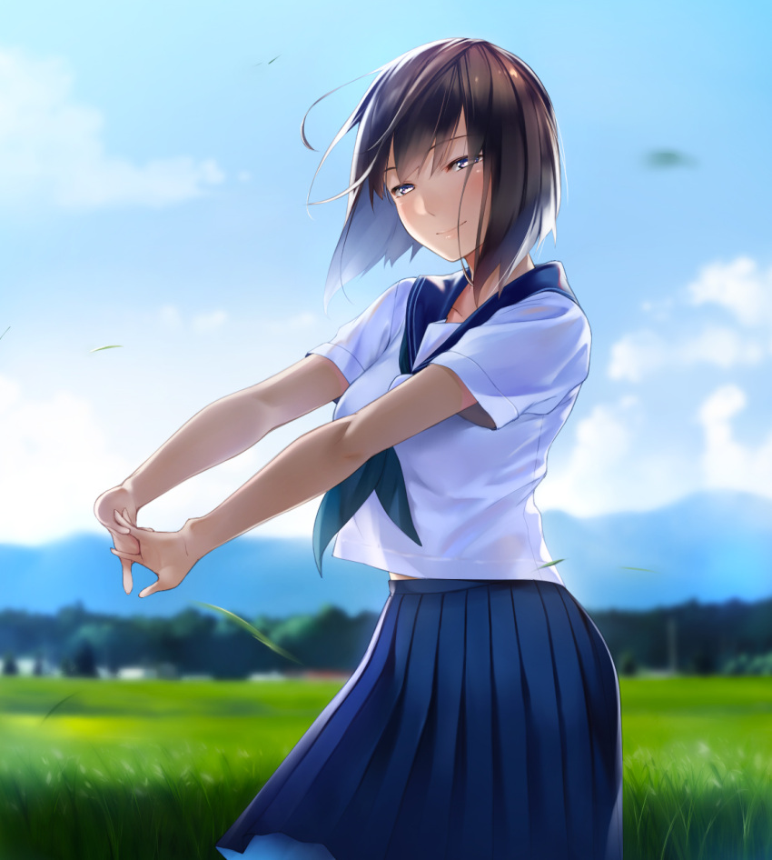 1girl bangs blue_sky blurry blush breasts brown_hair clouds cowboy_shot day depth_of_field field grass half-closed_eyes head_tilt highres interlocked_fingers koikeya looking_at_viewer mountainous_horizon neckerchief original outdoors own_hands_together pleated_skirt sailor_collar school_uniform see-through_silhouette serafuku short_hair short_sleeves skirt sky smile solo standing wind