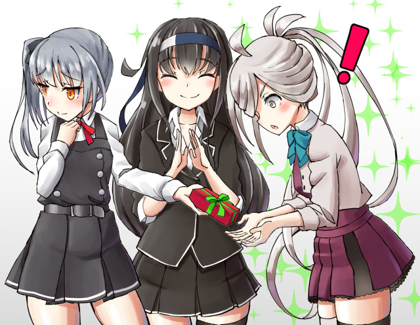 3girls ahoge asashimo_(kantai_collection) belt black_hair black_legwear black_ribbon blazer box chestnut_mouth cowboy_shot dress fang gift grey_eyes grey_hair halterneck hatsushimo_(kantai_collection) headband jacket kantai_collection kasumi_(kantai_collection) long_hair long_sleeves looking_away looking_to_the_side low-tied_long_hair mayura2002 multiple_girls orange_eyes pinafore_dress pleated_skirt ponytail red_ribbon remodel_(kantai_collection) ribbon school_uniform shirt short_sleeves side_ponytail silver_hair simple_background single_thighhigh skirt sleeves_rolled_up smile sparkle standing thigh-highs white_background white_shirt