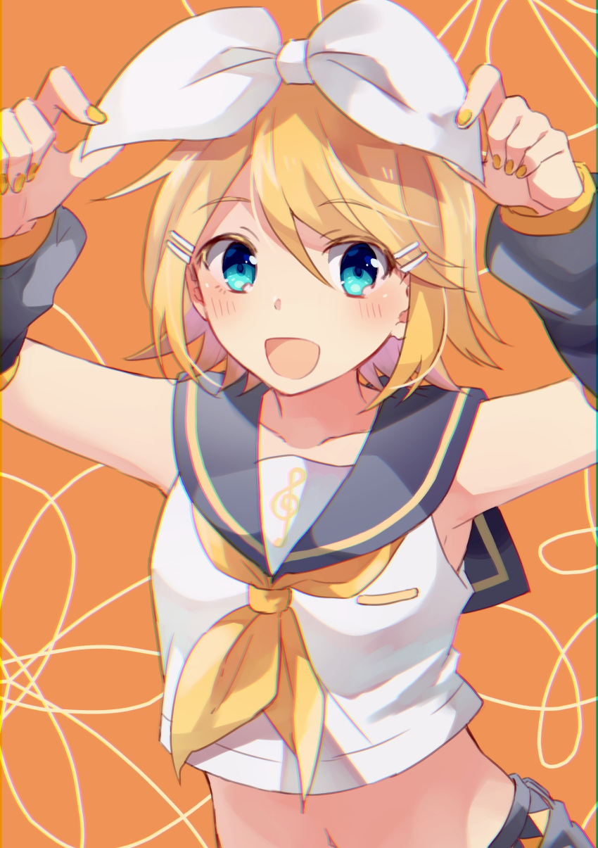 1girl :d arms_up bangs black_sailor_collar black_skirt black_sleeves blonde_hair blue_eyes blush brown_background commentary_request crop_top detached_sleeves eyebrows_visible_through_hair fingernails hair_between_eyes hair_ornament hair_ribbon hairclip highres kagamine_rin long_sleeves looking_at_viewer midriff nail_polish navel neckerchief open_mouth orange_nails puffy_long_sleeves puffy_sleeves ribbon sailor_collar school_uniform serafuku shirt skirt sleeveless sleeveless_shirt smile solo vocaloid white_ribbon white_shirt yellow_neckwear yuruno