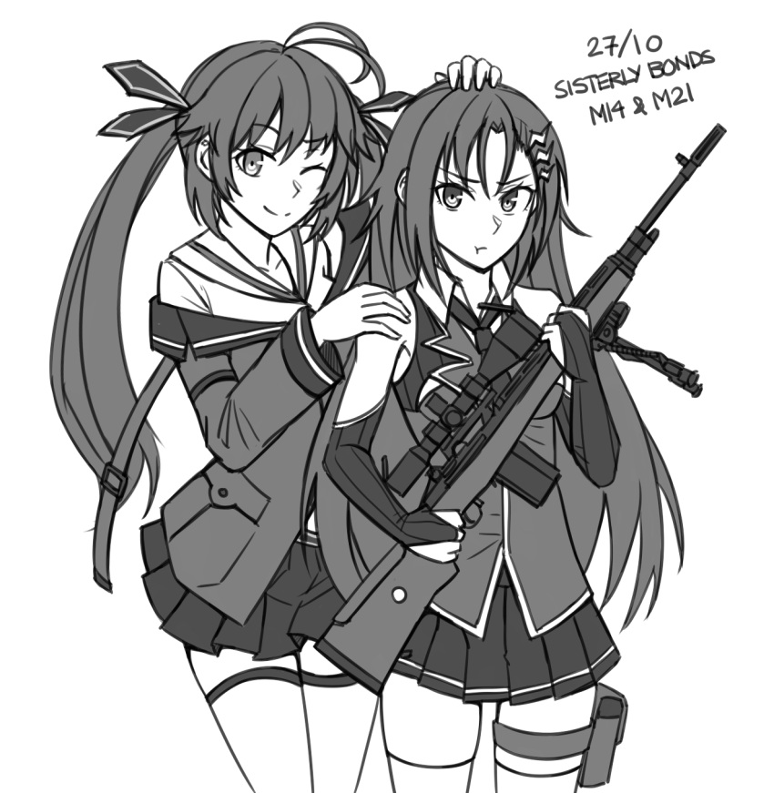 2girls :t ;) antenna_hair bangs bare_shoulders battle_rifle bridal_gauntlets closed_mouth collared_shirt eyebrows_visible_through_hair girls_frontline greyscale gun hair_between_eyes hair_ornament hair_ribbon hand_on_another's_head hand_on_another's_shoulder highres holding holding_gun holding_weapon jacket lightning_bolt lightning_bolt_hair_ornament long_hair long_sleeves m14 m14_(girls_frontline) m21_(girls_frontline) monochrome multiple_girls ndtwofives object_namesake one_eye_closed pleated_skirt pout ribbon rifle shirt simple_background skirt sleeveless sleeveless_shirt smile thigh-highs twintails very_long_hair weapon white_background