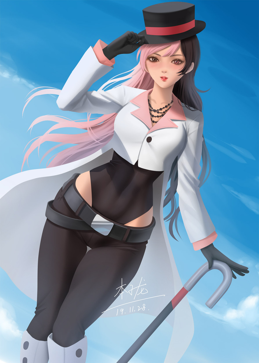 1girl belt black_gloves black_hair blue_sky blush brown_eyes dated dutch_angle gloves hand_on_headwear hat heterochromia highres jewelry leotard lips long_hair looking_at_viewer multicolored_hair necklace neo_politan parted_lips pink_hair rwby signature sky solo two-tone_hair umbrella zyl