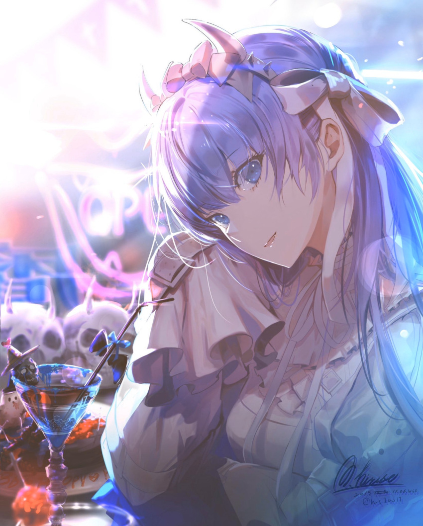 1girl :d bangs blue_eyes breasts dress elbow_rest eyebrows_visible_through_hair fate/grand_order fate_(series) frilled_dress frills hair_between_eyes hair_ribbon hairband head_tilt highres horns hrs_1001 long_hair long_sleeves looking_at_viewer meltryllis open_mouth purple_hair ribbon sitting sleeves_past_fingers sleeves_past_wrists small_breasts smile solo very_long_hair white_dress white_ribbon