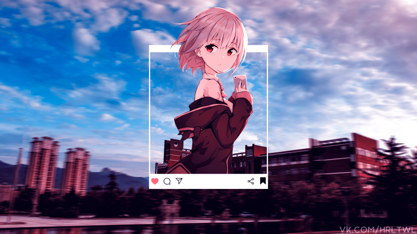 1girl absurdres city clouds cloudy_sky coat highres phone pink_hair red_eyes short_hair sky solo ssss.gridman