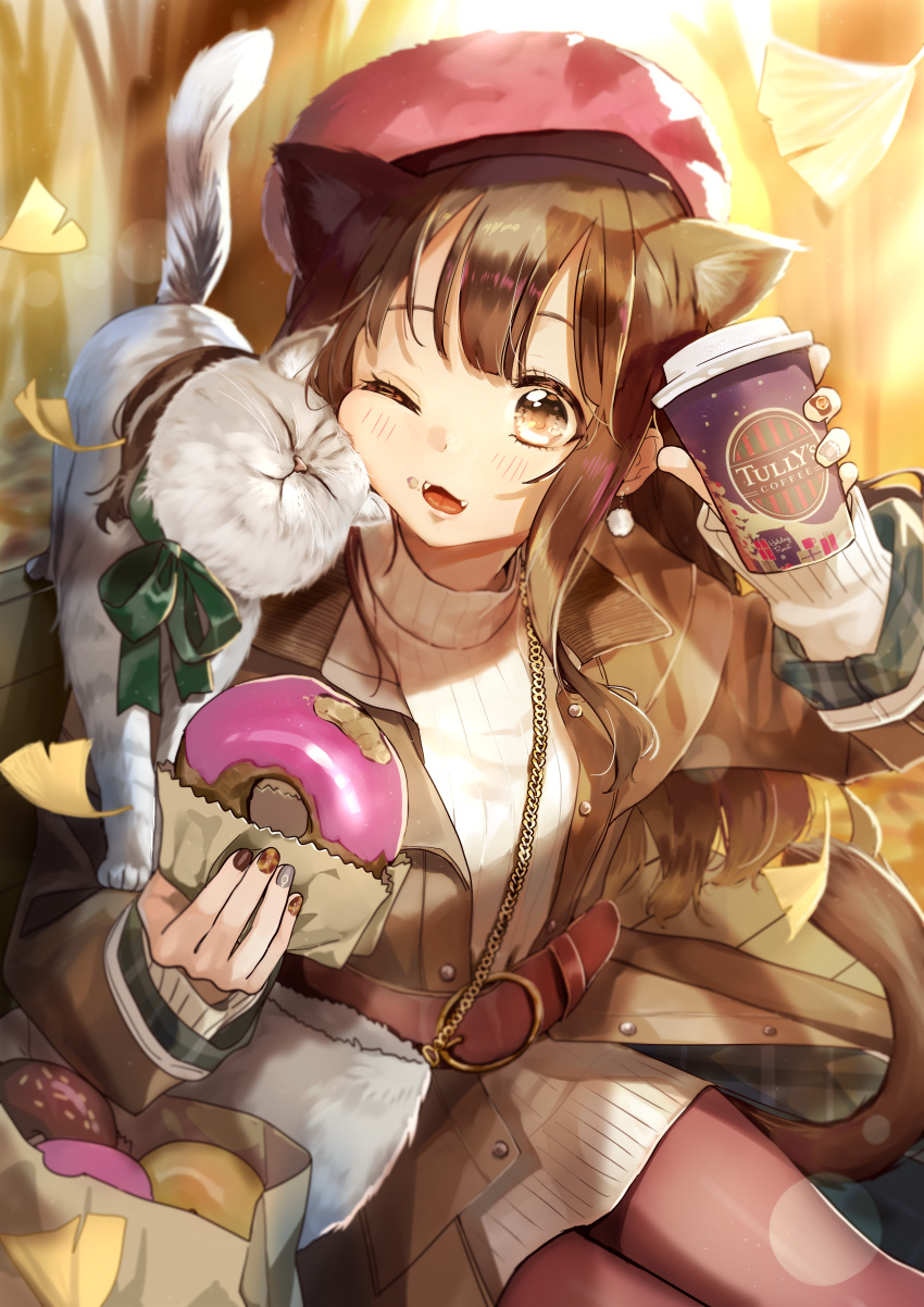 1girl ;d absurdres animal animal_ears bag bench beret blurry blurry_background blush brown_eyes brown_hair brown_jacket brown_legwear brown_nails cat cat_ears cat_girl cat_tail coffee_cup commentary cup depth_of_field disposable_cup doughnut earrings fangs fingernails food food_on_face ginkgo_leaf green_ribbon grey_nails hat highres holding holding_cup holding_food jacket jewelry long_hair long_sleeves nail_polish on_bench one_eye_closed open_clothes open_jacket open_mouth original pantyhose paper_bag park_bench pomu red_headwear ribbed_sweater ribbon sitting smile solo sunlight sweater tail white_sweater