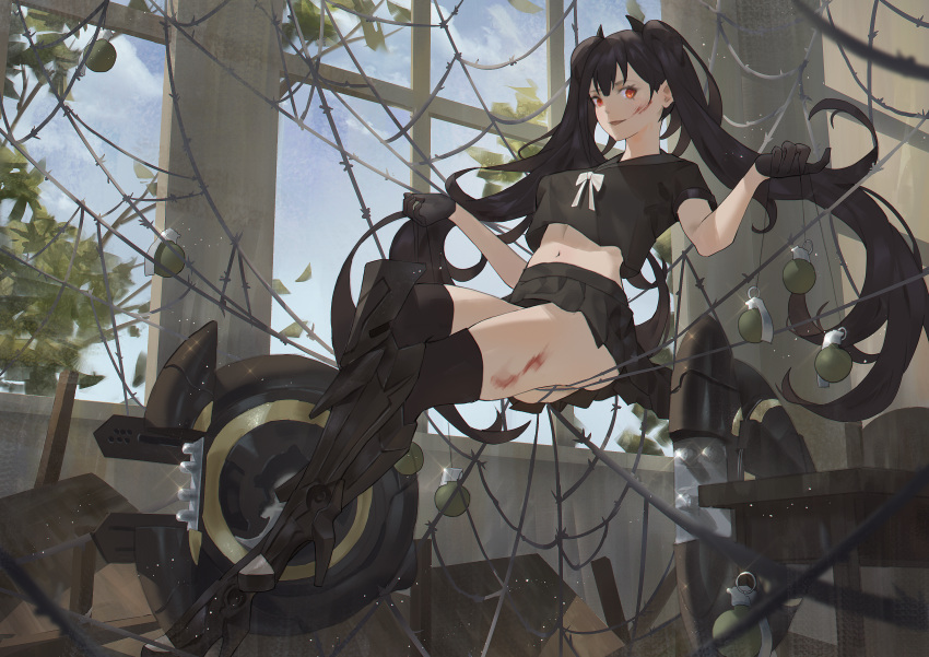 1girl absurdres armored_boots bangs black_footwear black_gloves black_hair black_legwear black_shirt black_skirt blood blood_on_face blush boots breasts cirilla crop_top explosive full_body girls_frontline gloves grenade highres huge_filesize knee_boots long_hair medium_breasts midriff navel ouroboros_(girls_frontline) pleated_skirt red_eyes sangvis_ferri shirt skirt solo string twintails weapon