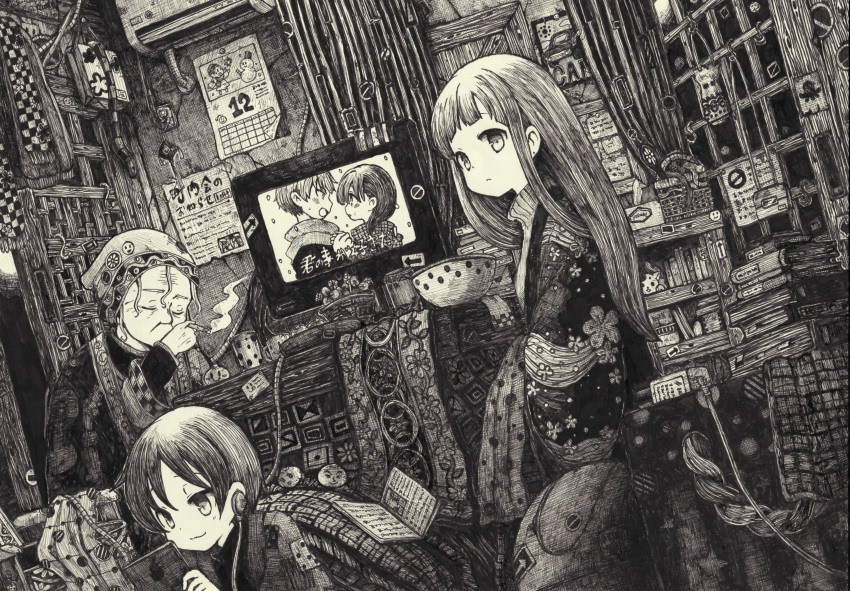 1boy 2girls absurdres bowl calendar_(object) cigarette closed_eyes directional_arrow earphones earphones facing_another greyscale highres indoors long_hair looking_at_viewer looking_away monochrome multiple_girls original scenery short_hair smoking television usio_ueda