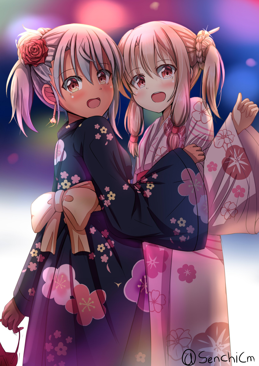 2girls absurdres blue_kimono blush chloe_von_einzbern fate/kaleid_liner_prisma_illya fate_(series) floral_print flower hair_flower hair_ornament highres illyasviel_von_einzbern japanese_clothes kimono multiple_girls obi open_mouth pink_kimono sash senchimee summer_festival yukata