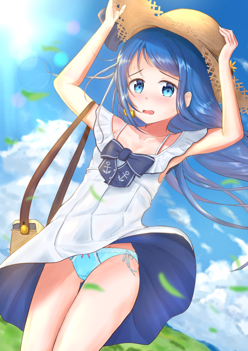 1girl alternate_costume anchor_symbol aomi_one aqua_panties armpits bag bangs blue_eyes blue_hair blurry blurry_background blush bow bow_panties breasts clouds cloudy_sky collarbone commentary_request dress dress_lift eyebrows_visible_through_hair floating_hair frilled_panties frills grass hat highres holding holding_hat kantai_collection light_rays long_hair looking_at_viewer panties pantyshot samidare_(kantai_collection) shoulder_bag sky sleeveless small_breasts solo sun sun_hat sunbeam sunlight swept_bangs underwear very_long_hair white_dress