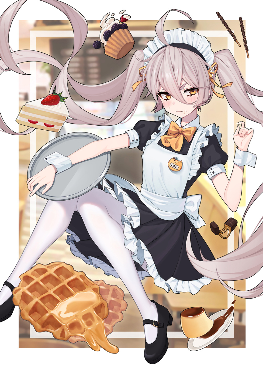 1girl ahoge alternate_costume alternate_hairstyle apron bangs black_dress black_footwear blush cake child_(isoliya) chocolate closed_mouth dessert dress enmaided eyelashes food food_on_face fruit girls_frontline grey_hair hair_between_eyes hair_ribbon highres holding holding_tray long_hair maid maid_apron maid_headdress name_tag official_art pantyhose pie pkp_(girls_frontline) plate pocky pudding ribbon short_eyebrows short_sleeves solo sweat thick_eyebrows tray twintails very_long_hair waffle white_apron white_legwear wrist_cuffs yellow_eyes yellow_neckwear