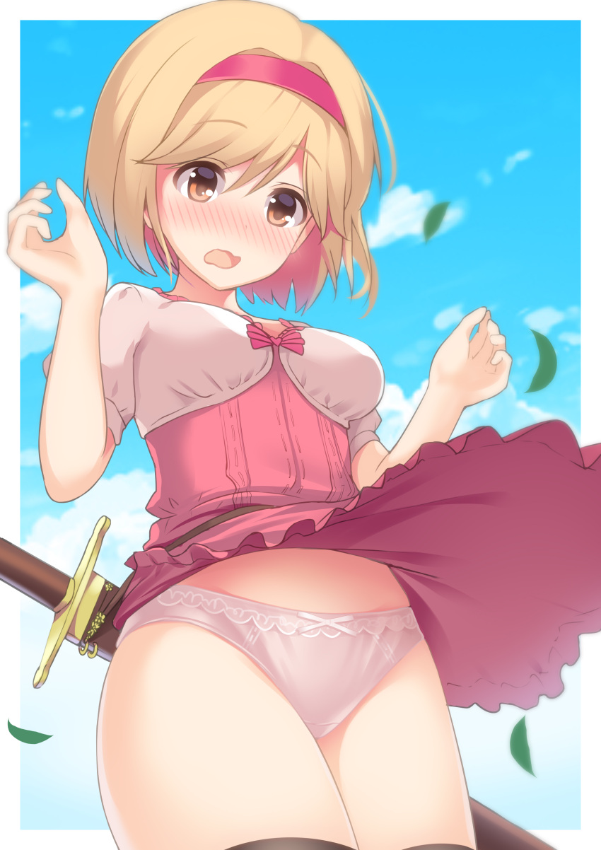 1girl absurdres blonde_hair blue_sky blush clouds cloudy_sky commentary_request day djeeta_(granblue_fantasy) dress dress_lift embarrassed granblue_fantasy hairband hands_up highres leaf looking_at_viewer mocchi outdoors panties pantyshot pantyshot_(standing) puffy_short_sleeves puffy_sleeves red_hairband short_hair short_sleeves sky solo standing surprised sword thighs underwear weapon white_panties wind wind_lift yellow_eyes