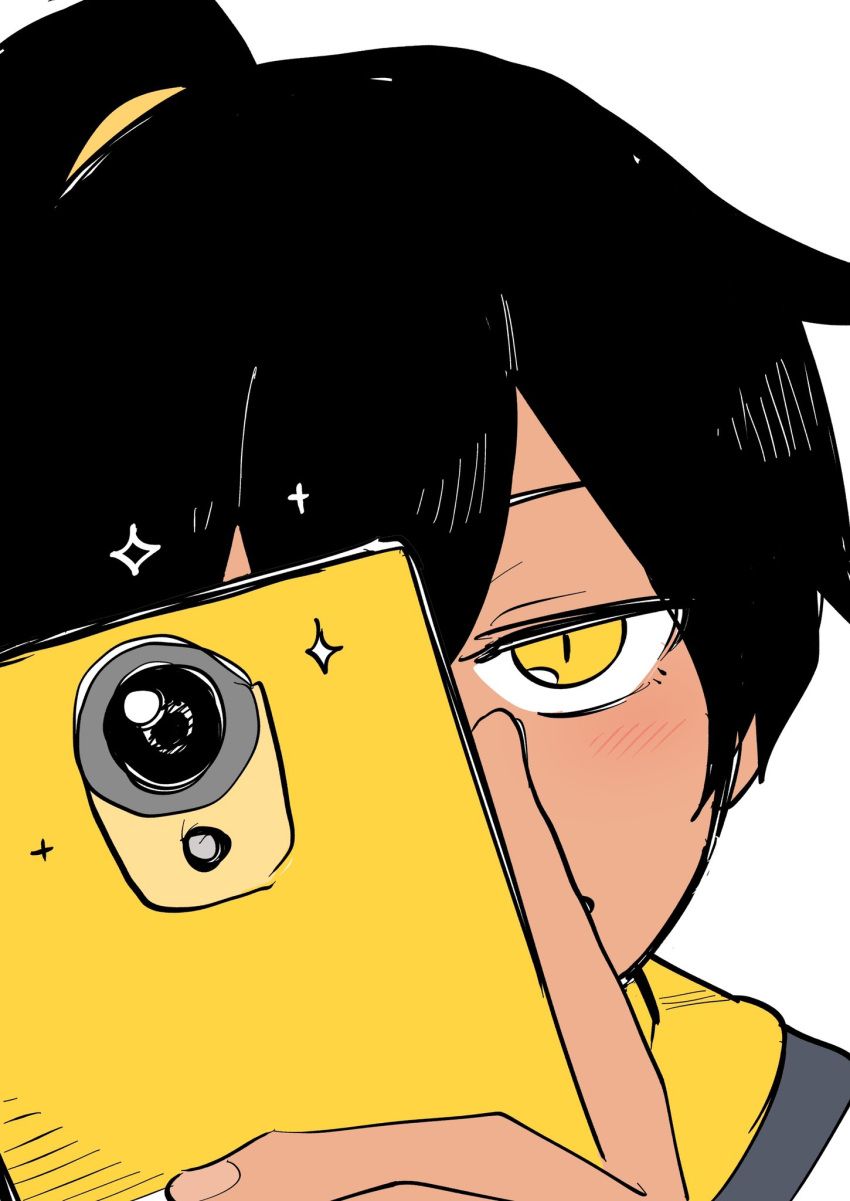 alternate_hairstyle black_hair blush cellphone hair_between_eyes hairband high_ponytail highres kurobe_natsumi_(shiromanta) looking_at_viewer medium_hair phone school_uniform senpai_ga_uzai_kouhai_no_hanashi shiromanta slit_pupils smartphone sparkle taking_picture yellow_eyes younger