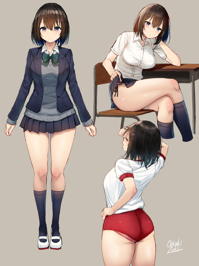 1girl ass bangs blue_eyes blue_jacket blue_legwear blue_skirt blush bow bowtie breasts brown_hair buruma chair closed_eyes closed_mouth collared_shirt crossed_legs desk full_body green_neckwear grey_background grey_sweater gym_shirt gym_uniform hair_between_eyes hair_ornament hairclip highres jacket kneehighs large_breasts loafers long_sleeves looking_at_viewer miniskirt multiple_views oekakizuki open_clothes open_jacket open_mouth original pleated_skirt red_buruma shirt shoes short_hair short_sleeves simple_background sitting skirt sweater thighs white_footwear white_shirt