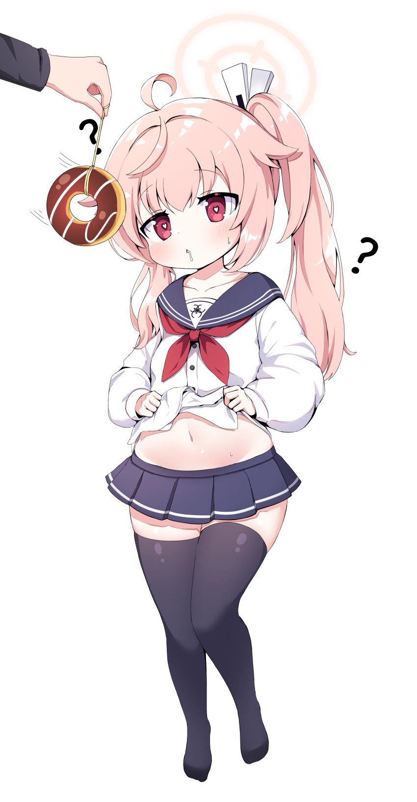 1girl ? absurdres ahoge belly black_legwear blue_archive clothes_lift curvy doughnut food halo heart heart-shaped_pupils highres hypnosis long_hair mind_control natsu_(blue_archive) navel pink_hair plump red_eyes saliva school_uniform shirt_lift side_ponytail solo_focus symbol-shaped_pupils thigh-highs white_background yukki_bunny