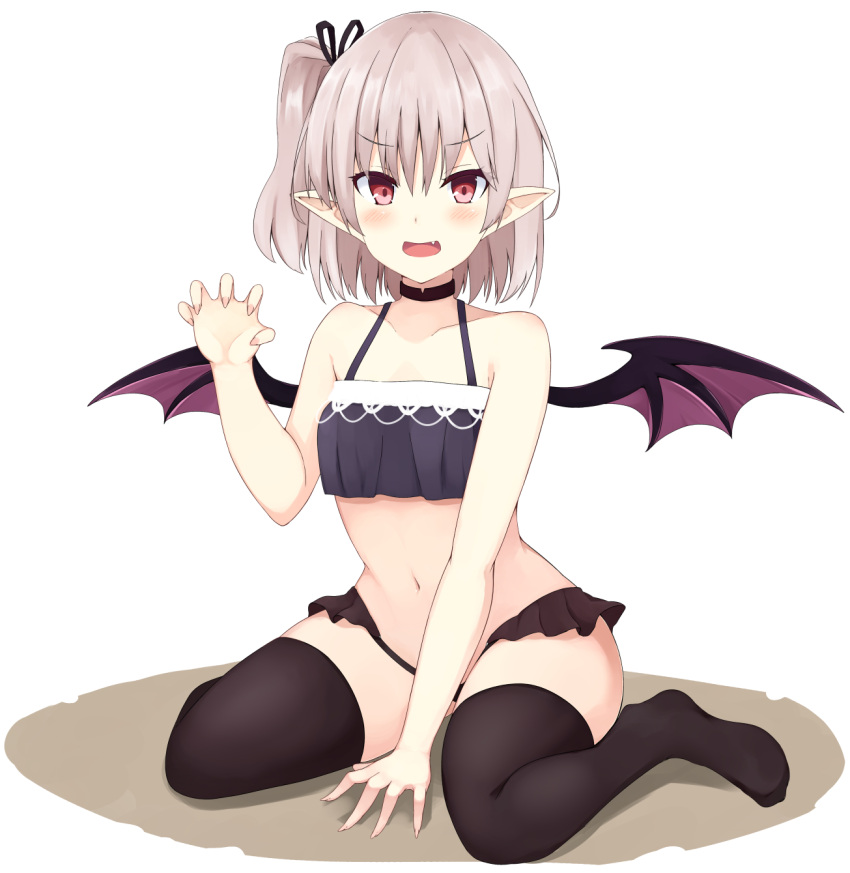 000kk 1girl bangs bare_shoulders black_choker black_panties black_ribbon blush breasts choker collarbone commentary_request demon_wings eyebrows_visible_through_hair fang grey_hair hair_ribbon highres kneeling looking_at_viewer navel original panties pointy_ears red_eyes ribbon side_ponytail small_breasts solo thigh-highs underwear wings