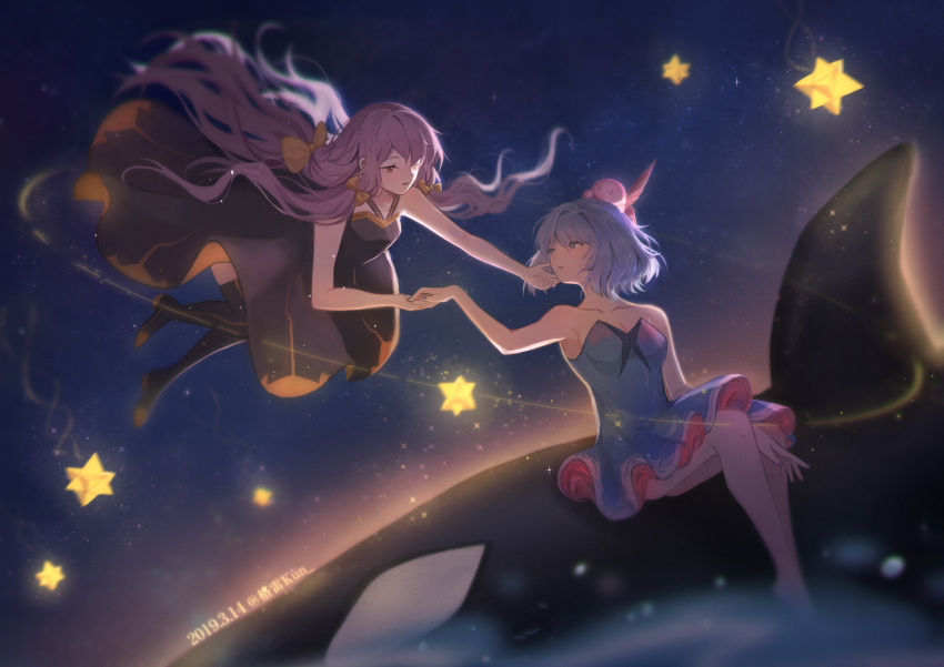 2girls absurdres bare_shoulders black_dress black_legwear blue_dress blue_eyes blue_hair bow collarbone dress floating frilled_skirt frills graykn hair_bow halter_dress halterneck hand_on_another's_face highres holding_hands jellyfish long_hair looking_at_another multiple_girls night night_sky orca outdoors parted_lips purple_hair quad_tails scenery short_hair sitting sitting_on_animal skirt sky star star_(sky) starry_sky stellated_octahedron strapless strapless_dress thigh-highs very_long_hair vocaloid wide_shot xingchen yellow_bow yellow_eyes