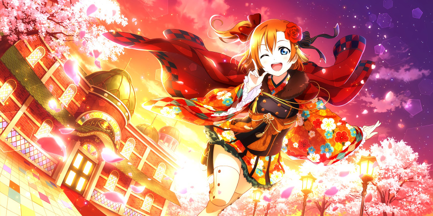 blue_eyes blush kousaka_honoka love_live!_school_idol_festival_all_stars orange_hair short_hair smile wink yukata